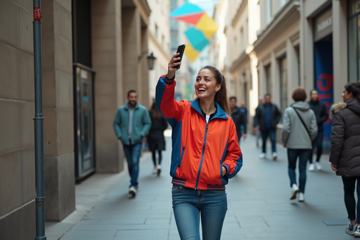 Jeune femme en streetwear prenant une photo en ville