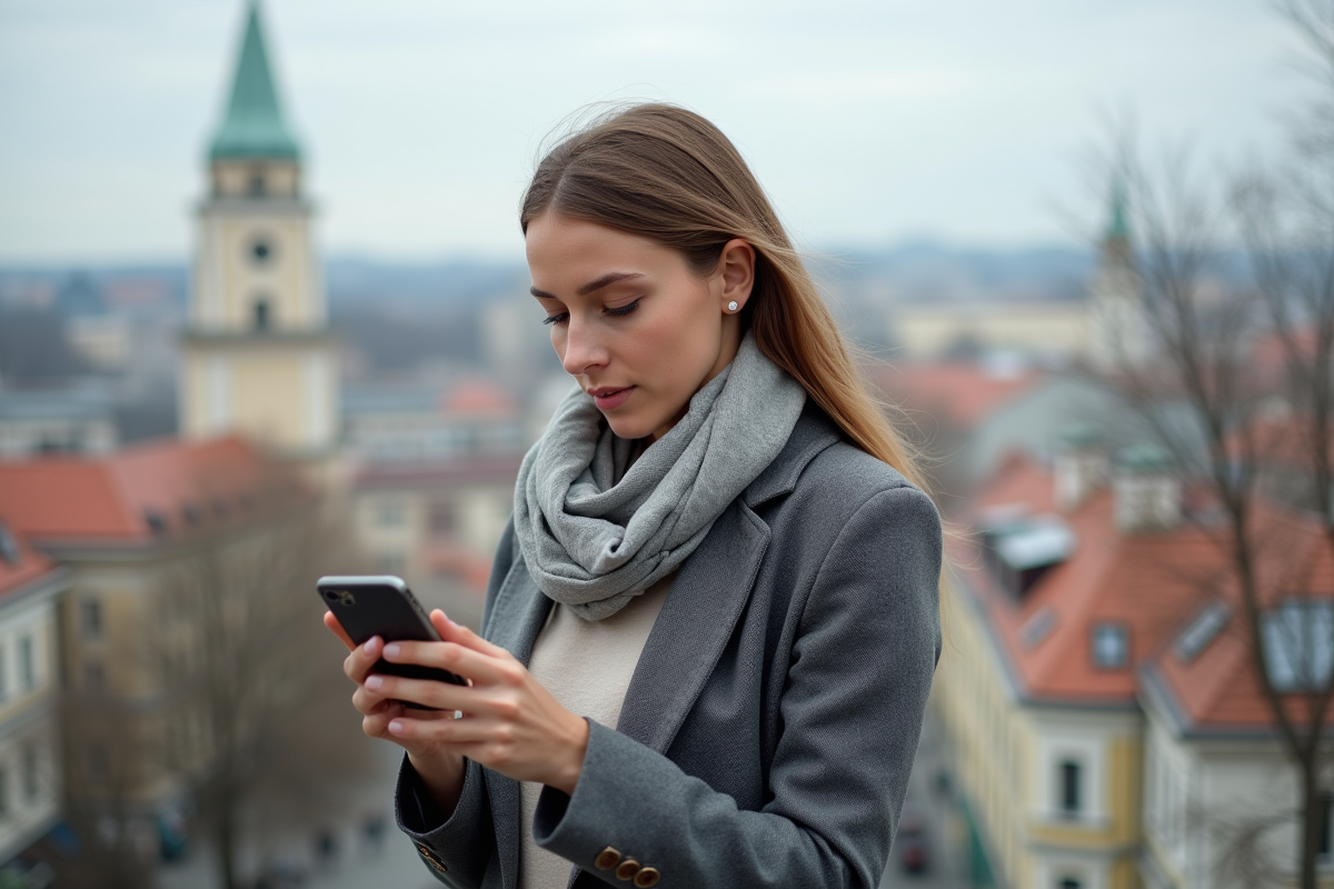 Jeune femme dans la ville regardant son smartphone