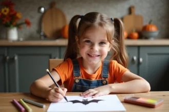 Jeune fille de 7 ans dessinant un chauve-souris pour Halloween