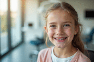 Jeune fille souriante avec appareils dentaires lors d'une consultation