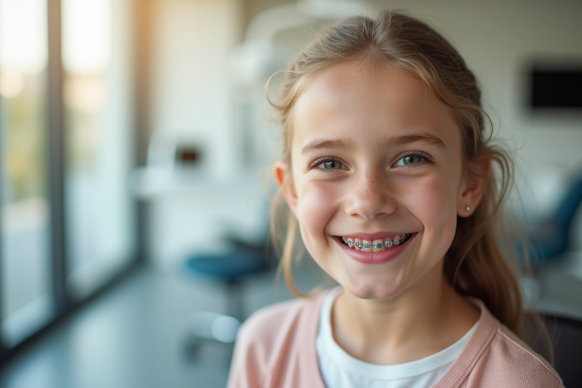 Jeune fille souriante avec appareils dentaires lors d'une consultation