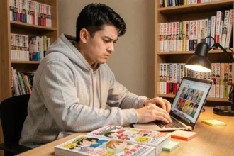 Jeune homme cherchant des alternatives de scanlation sur son ordinateur portable entouré de mangas