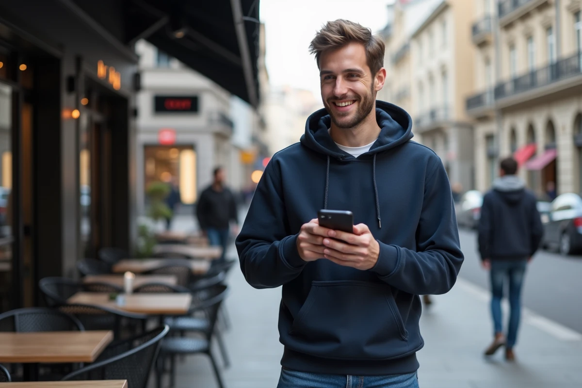 Jeune homme dehors au café utilisant son smartphone pour des domaines