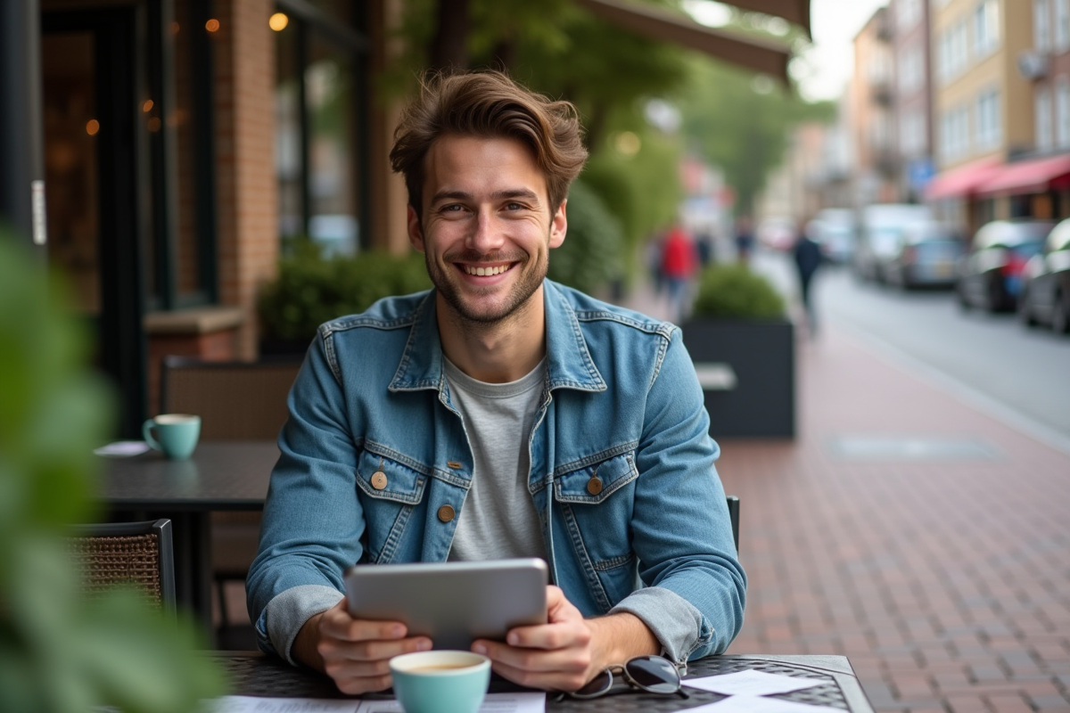 Jeune homme souriant utilisant une tablette en terrasse