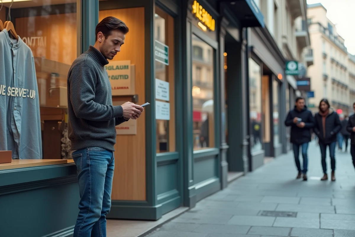 Jeune homme lisant un ticket de retrait devant la boutique