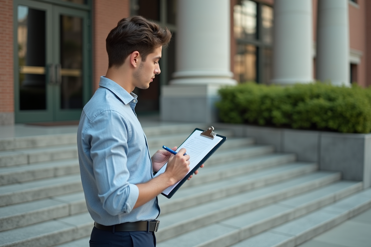 Jeune homme remplissant des formulaires administratifs dehors