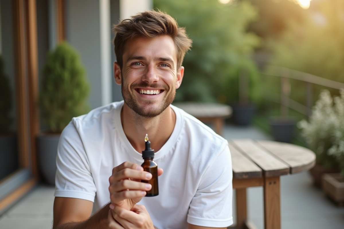 Jeune homme appliquant de l huile sur le visage en extérieur