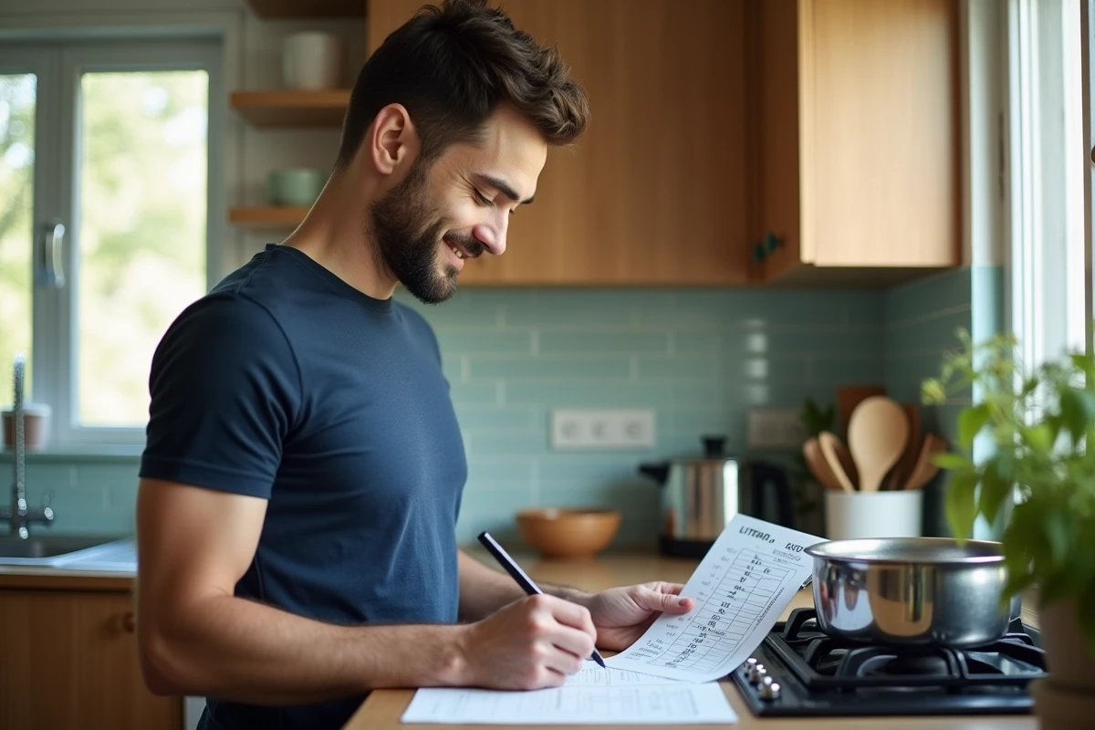 Jeune homme notant des mesures dans une cuisine lumineuse