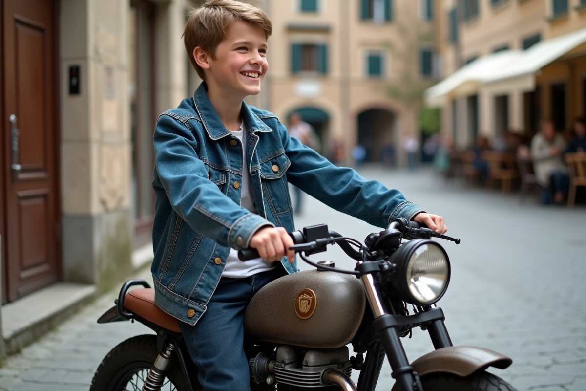 Jeune garçon en denim sur moto vintage en village