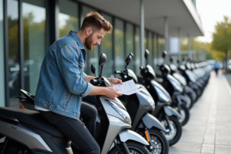 Jeune homme regarde deux motos 125cc en showroom