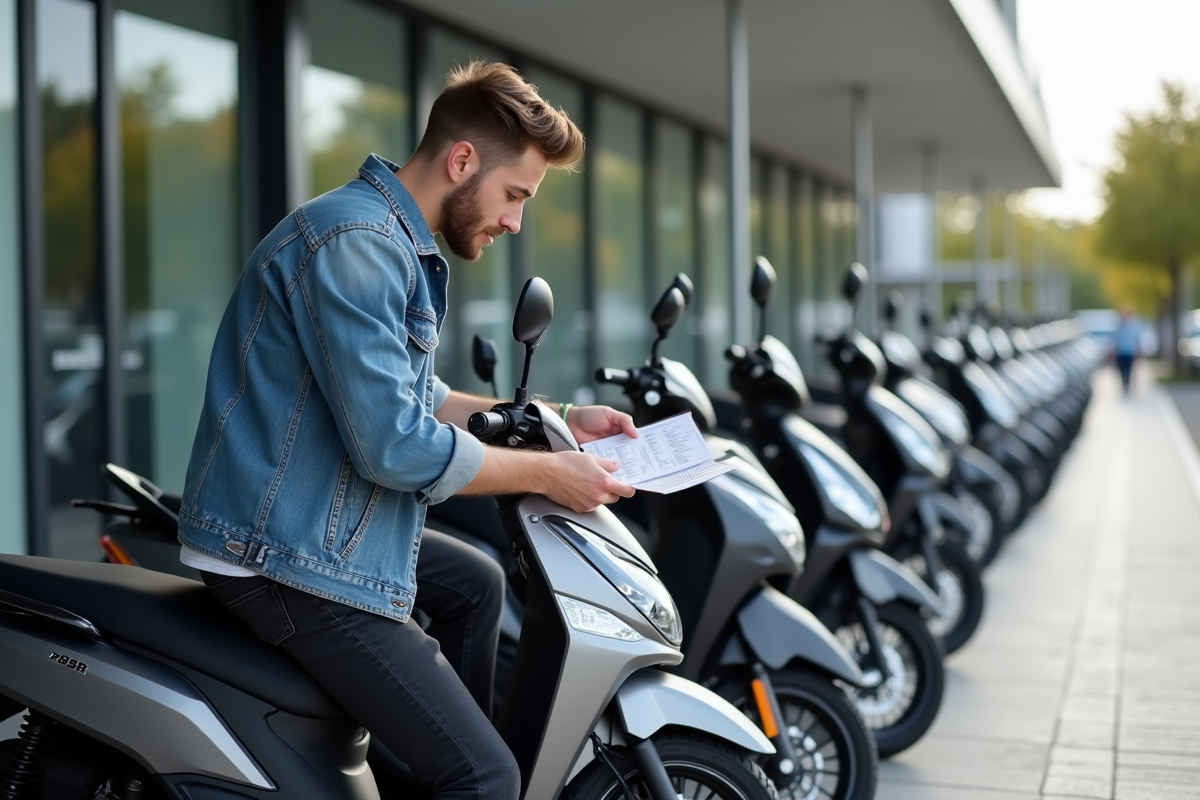 Jeune homme regarde deux motos 125cc en showroom
