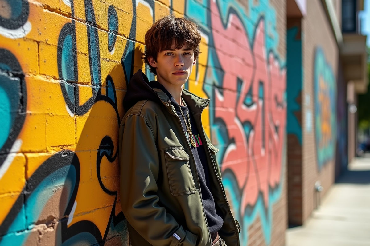 Jeune homme en streetwear des années 80 contre un mur graffite avec tag Stussy