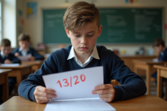 Jeune lyceen français examine un devoir scolaire