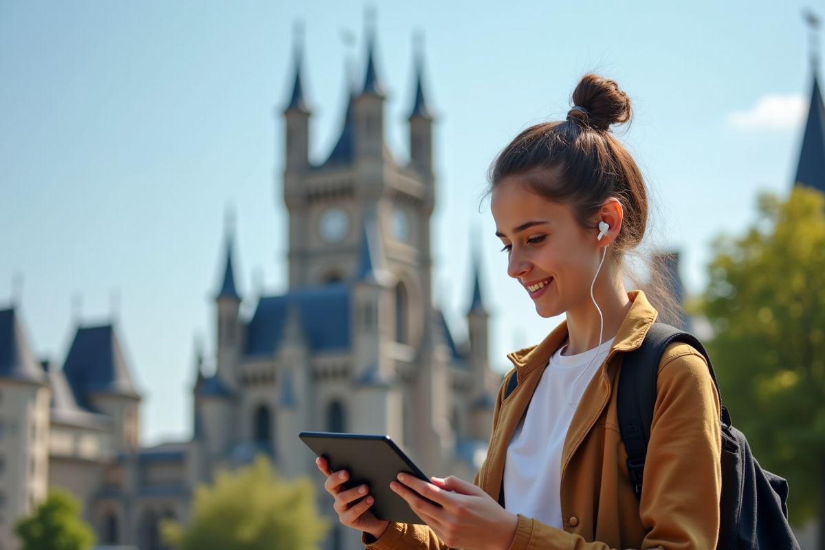 Jeune utilisant une tablette en plein air devant un monument de Caen