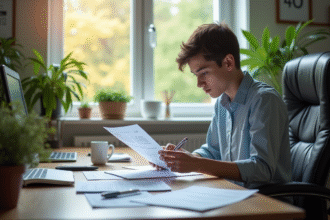Jeune professionnel dans un bureau organisé vérifiant son calendrier
