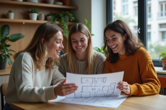 Trois jeunes adultes discutent autour d'un plan dans une cuisine moderne