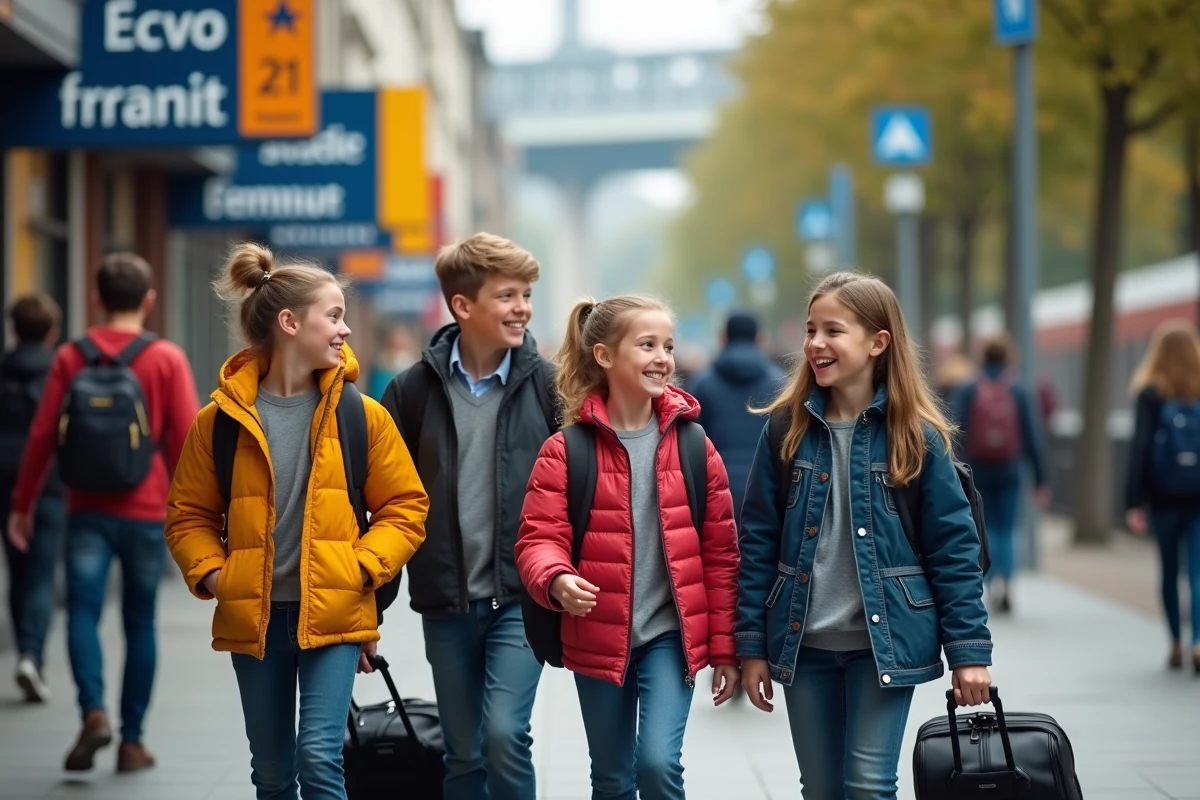 Jeunes collégiens français sortant de la gare en été