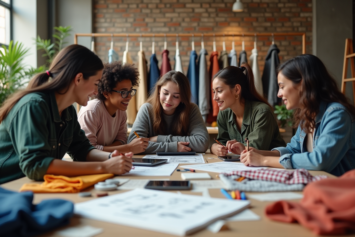 Jeunes créatifs collaborant dans un studio de mode innovant