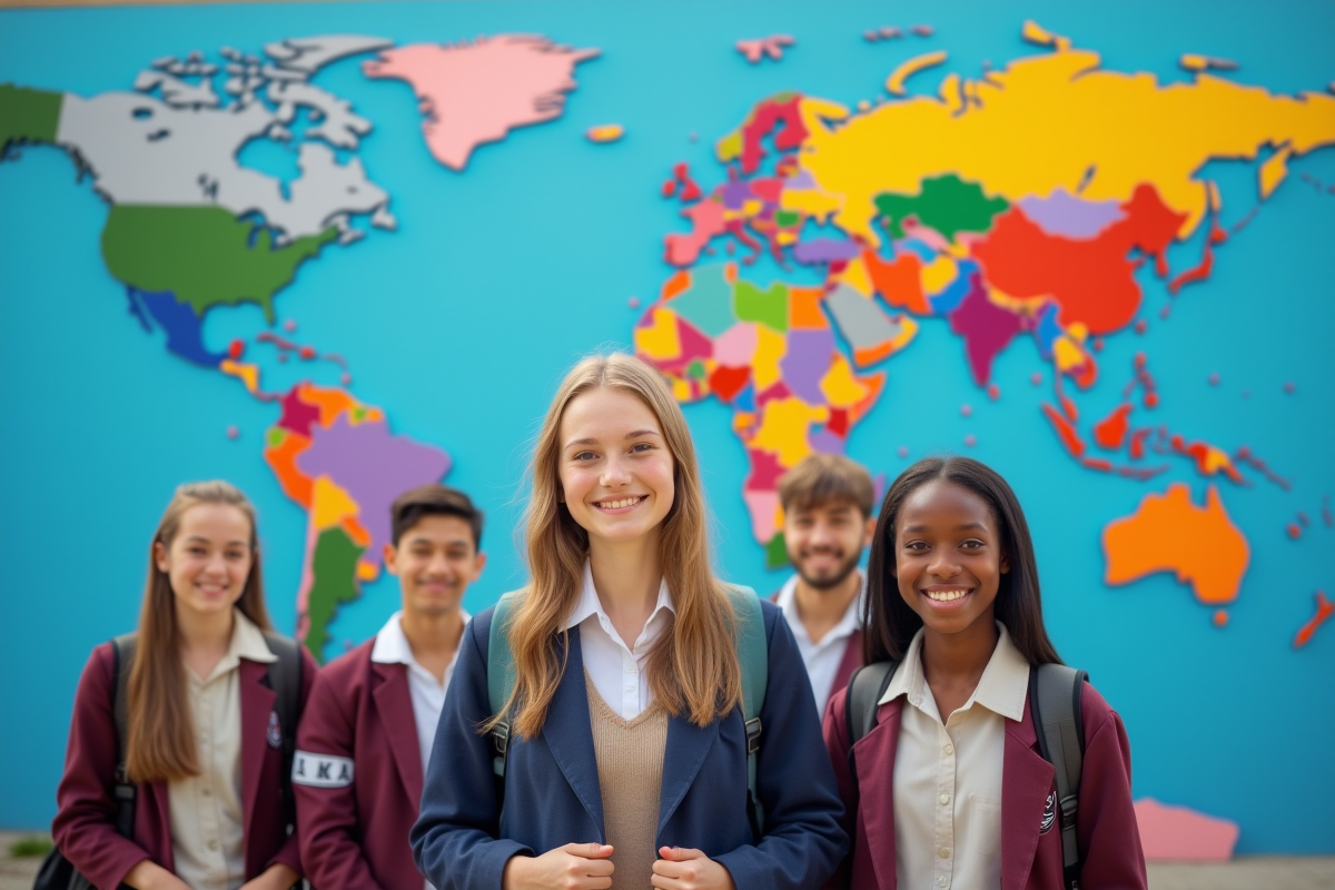 Jeunes élèves souriants devant un mur du monde en plein air