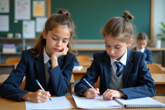 Adolescents en uniforme étudiant un relevé scolaire dans une classe lumineuse
