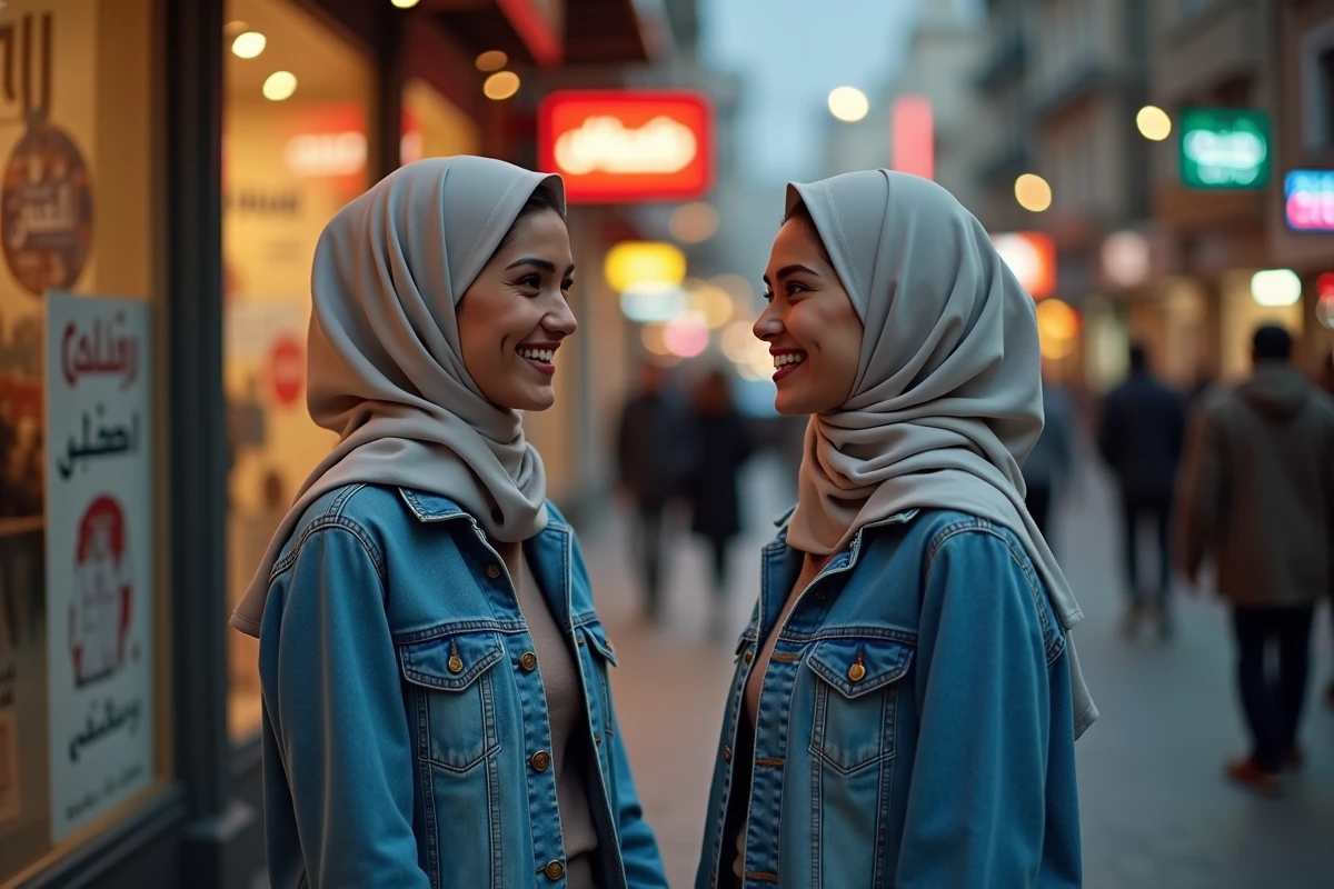 Deux jeunes femmes discutant dans une rue urbaine au coucher du soleil