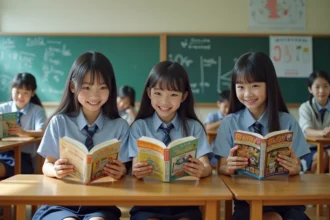 Groupe de lycéens lisant des mangas en classe lumineuse