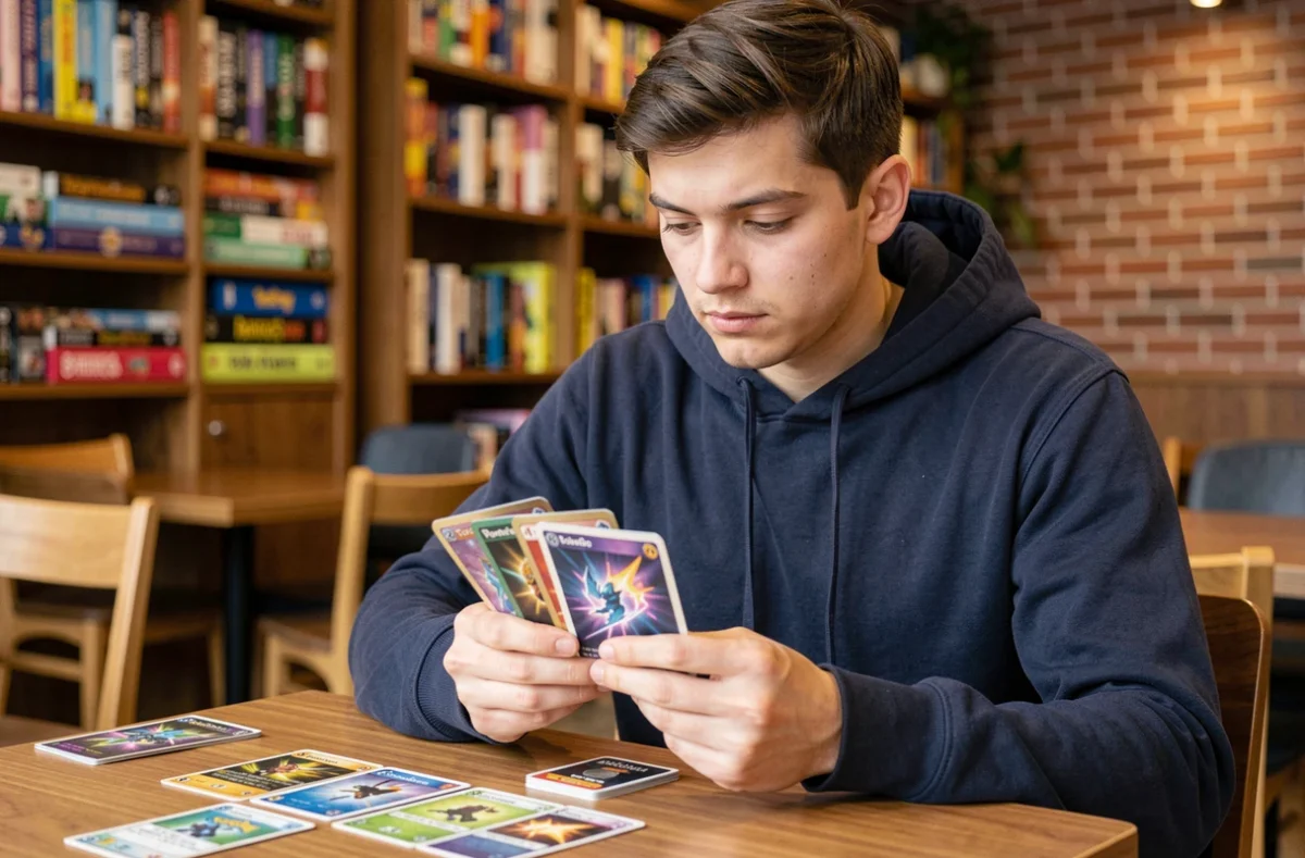 Joueur adulte en train de construire un deck électrique compétitif Pokémon JCC avec des cartes Pikachu ex dans un café de jeux