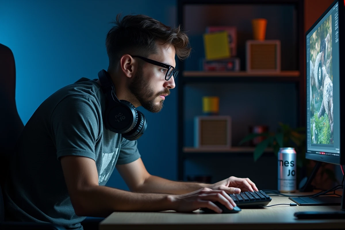 Joueur adulte concentré devant un écran PC jouant à un jeu vidéo de longue durée dans un bureau gaming à domicile