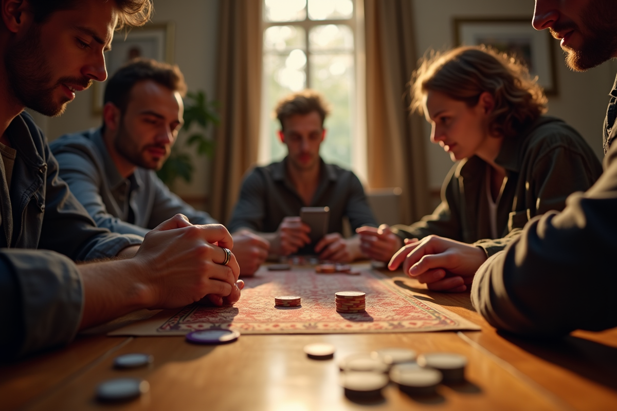 Quatre joueurs autour d'une table en bois jouent à la belote dans une ambiance chaleureuse