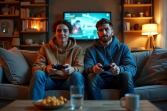 Deux joueurs adultes jouant en coopération à Split Fiction sur un canapé avec des manettes, écran de jeu visible en arrière-plan