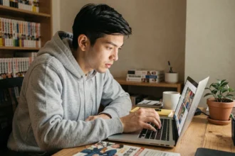 Jeune homme lisant des mangas en ligne sur un ordinateur portable dans un bureau à domicile entouré de volumes manga