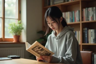 Jeune femme lisant un manga tankōbon japonais traditionnel dans une chambre cosy entourée de volumes sur des étagères