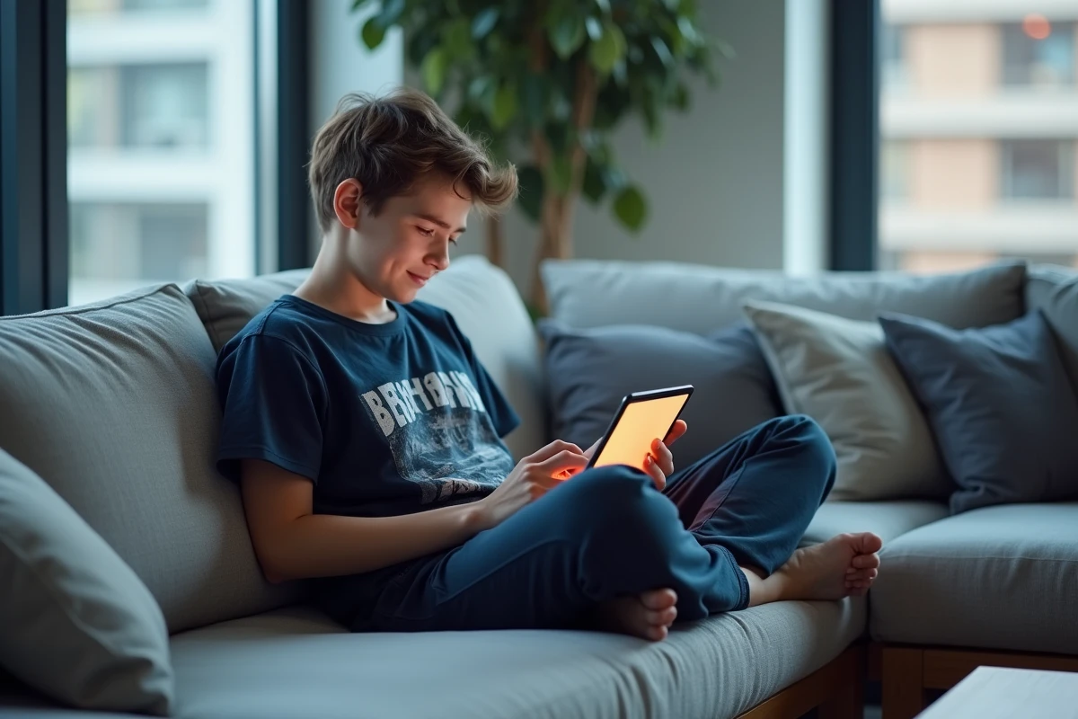Adolescent lisant un webtoon en couleur sur une tablette numérique dans un salon contemporain