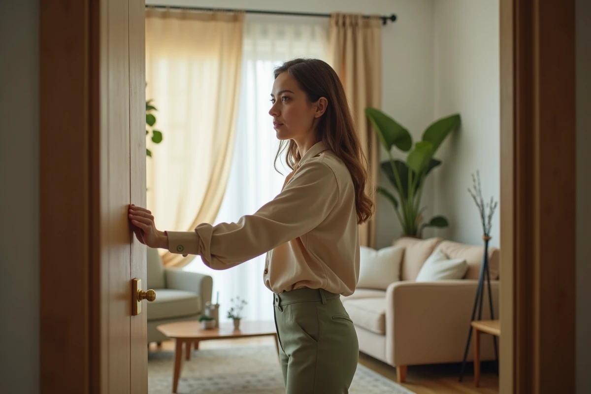 Femme indiquant la sortie depuis son salon avec calme et assurance, symbolisant la pose de limites sans culpabilité face à un comportement toxique