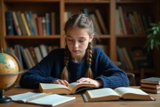 Jeune lycéenne étudiant le conte de Cendrillon de Charles Perrault dans une bibliothèque avec des livres ouverts sur son bureau