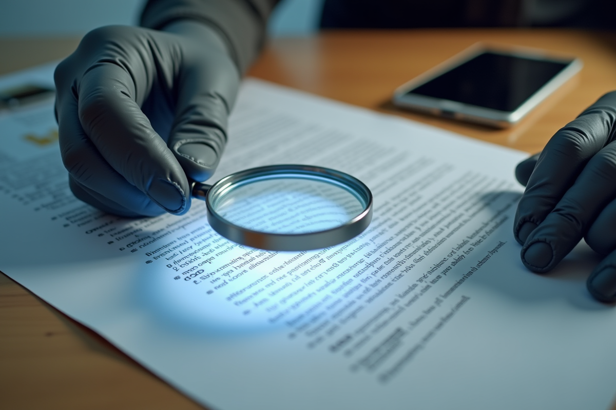 Main tenant une loupe sur un document de politique de confidentialité