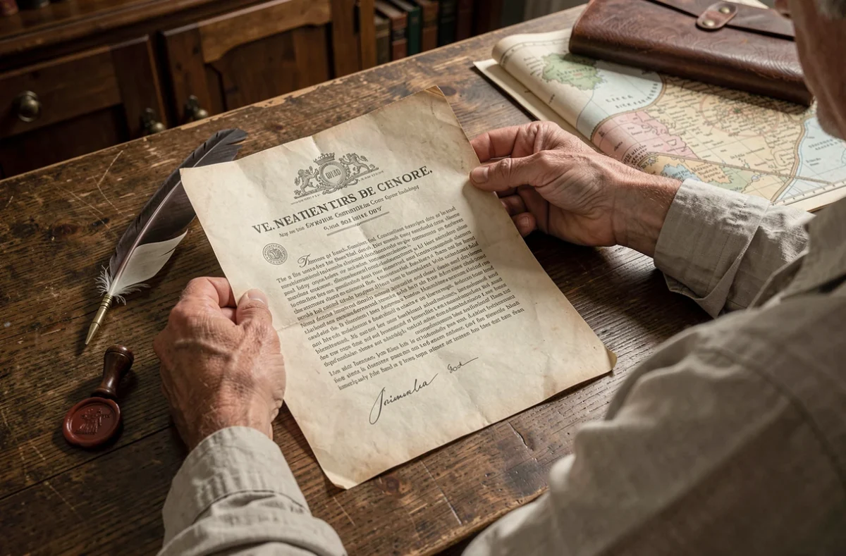 Mains tenant une lettre imprimée générée via napoleonseries.com avec cachet et plume d'époque