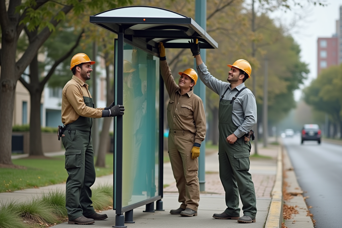 Equipe de travailleurs urbains installant un abri bus dans une rue