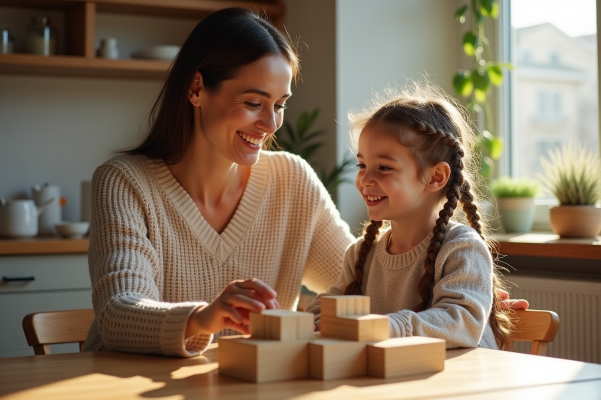 Maman souriante joue avec sa fille de 8 ans aux blocs en bois