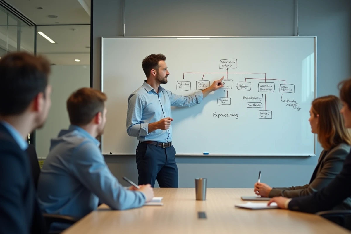 Manager présentant un organigramme professionnel lors d'une réunion d'équipe en salle de conférence