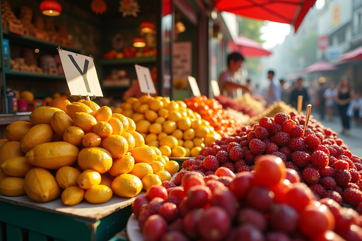 Marché coloré avec fruits exotiques y et clients en arrière-plan
