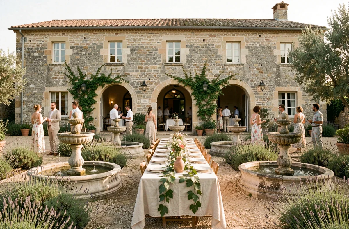 Le Mas des 7 Fonts dans l'Hérault, mas en pierre ancienne avec fontaines restaurées et table de banquet dressée dans un jardin méditerranéen