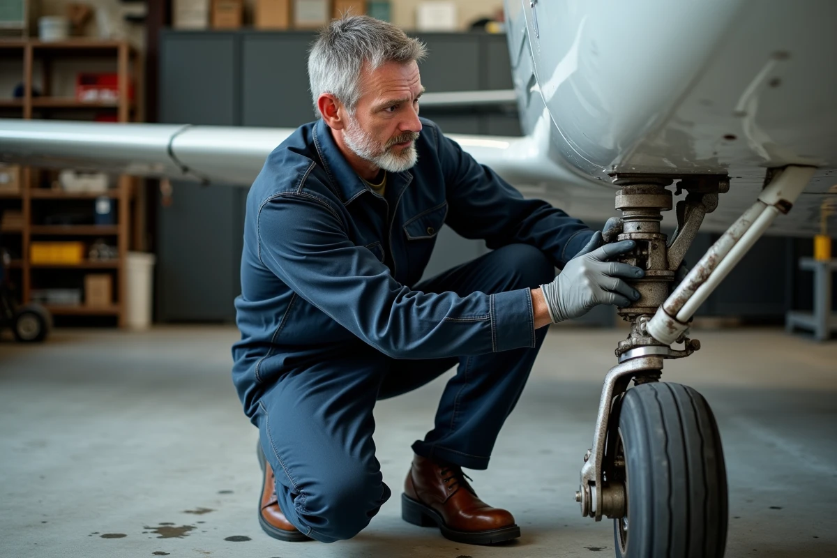 Mécanicien aéronautique inspectant le train d'atterrissage d'un Cessna 172B dans un hangar privé