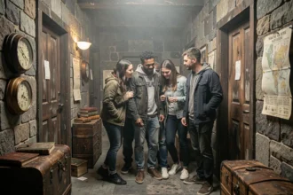 Groupe de joueurs explorant un escape game à Lyon avec des décors immersifs et des énigmes complexes