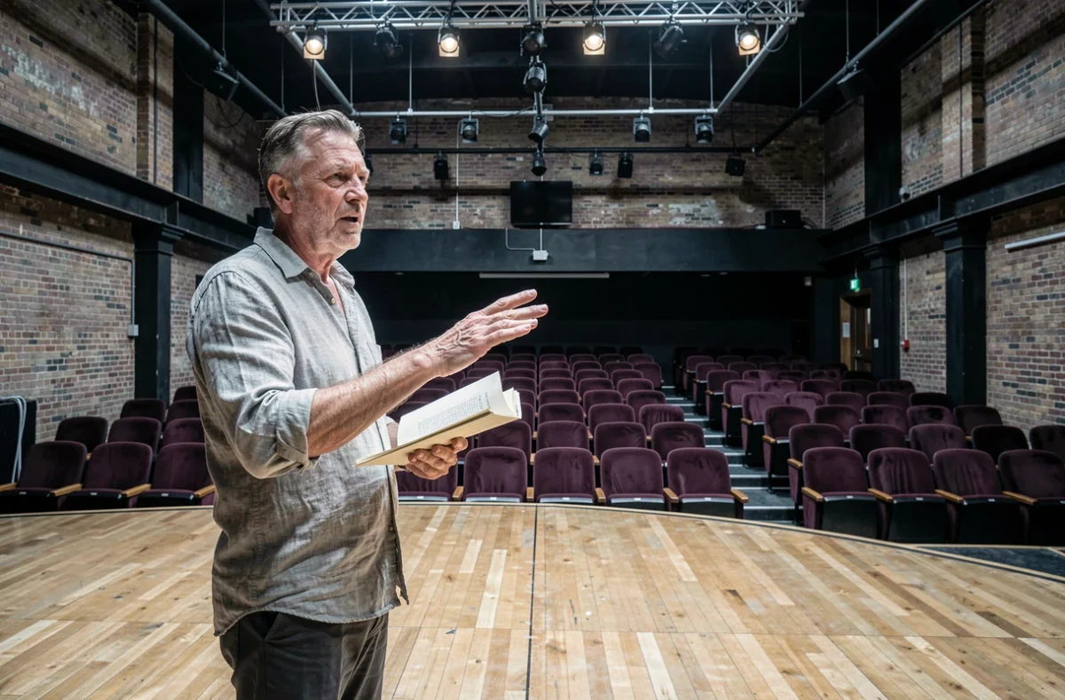 Metteur en scène sur une scène de théâtre vide gesticulant lors d'une lecture de didascalies