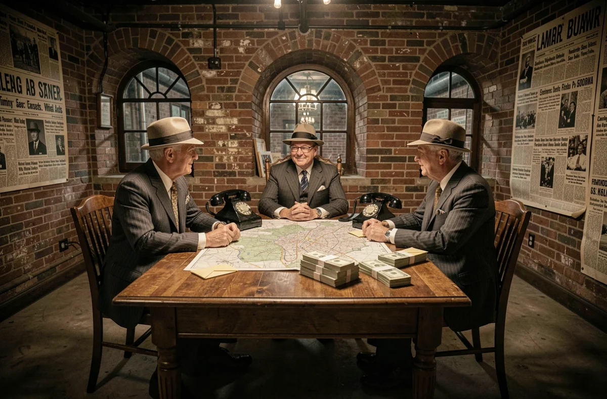 Décor de speakeasy mafieux des années 40 avec maps et téléphones vintages dans un escape game à Lyon