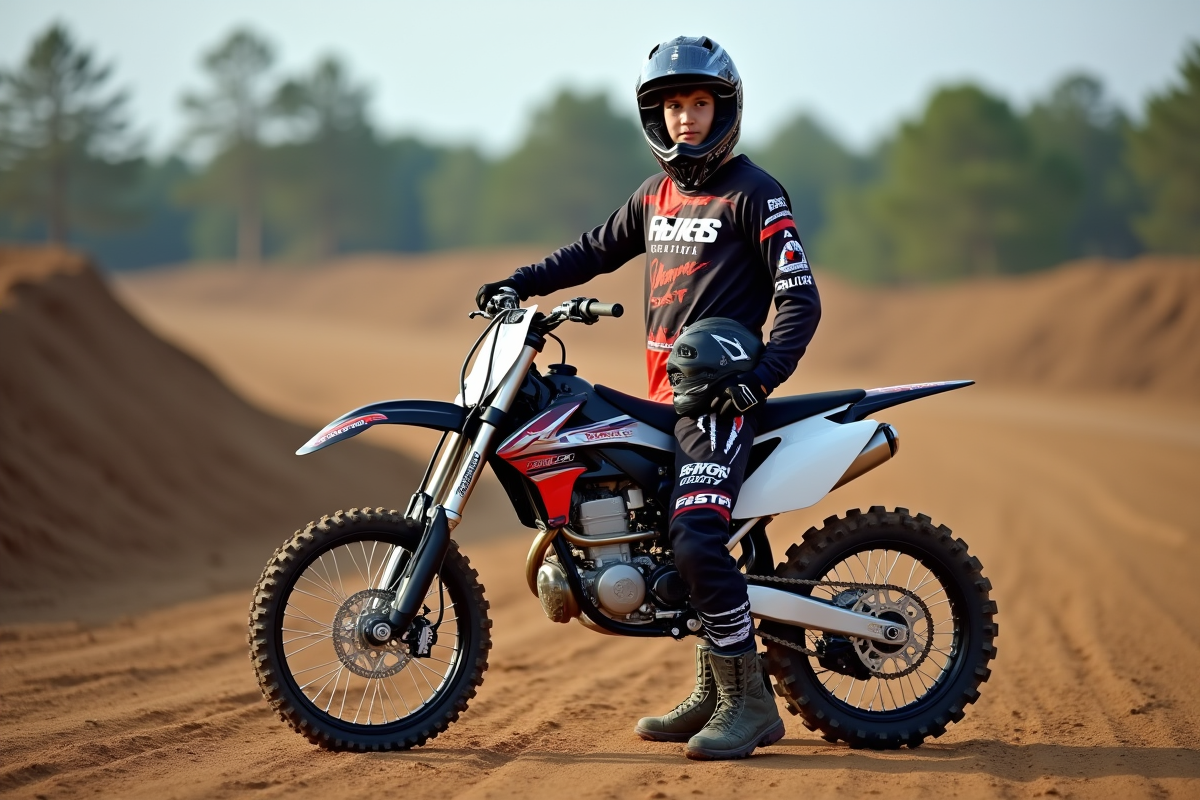 Jeune motocross homme avec casque et bike 150cc