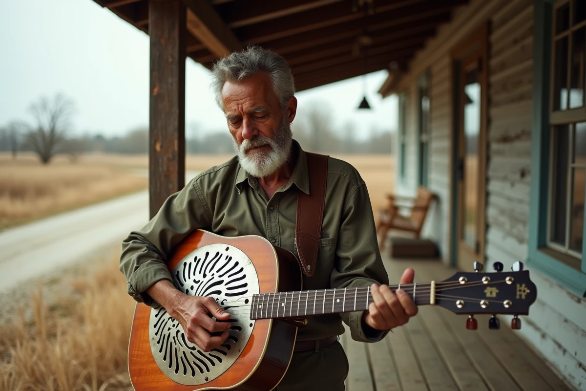 Musicien de blues jouant un accord B7 sur une guitare résonateur sur un porche rural dans le Delta