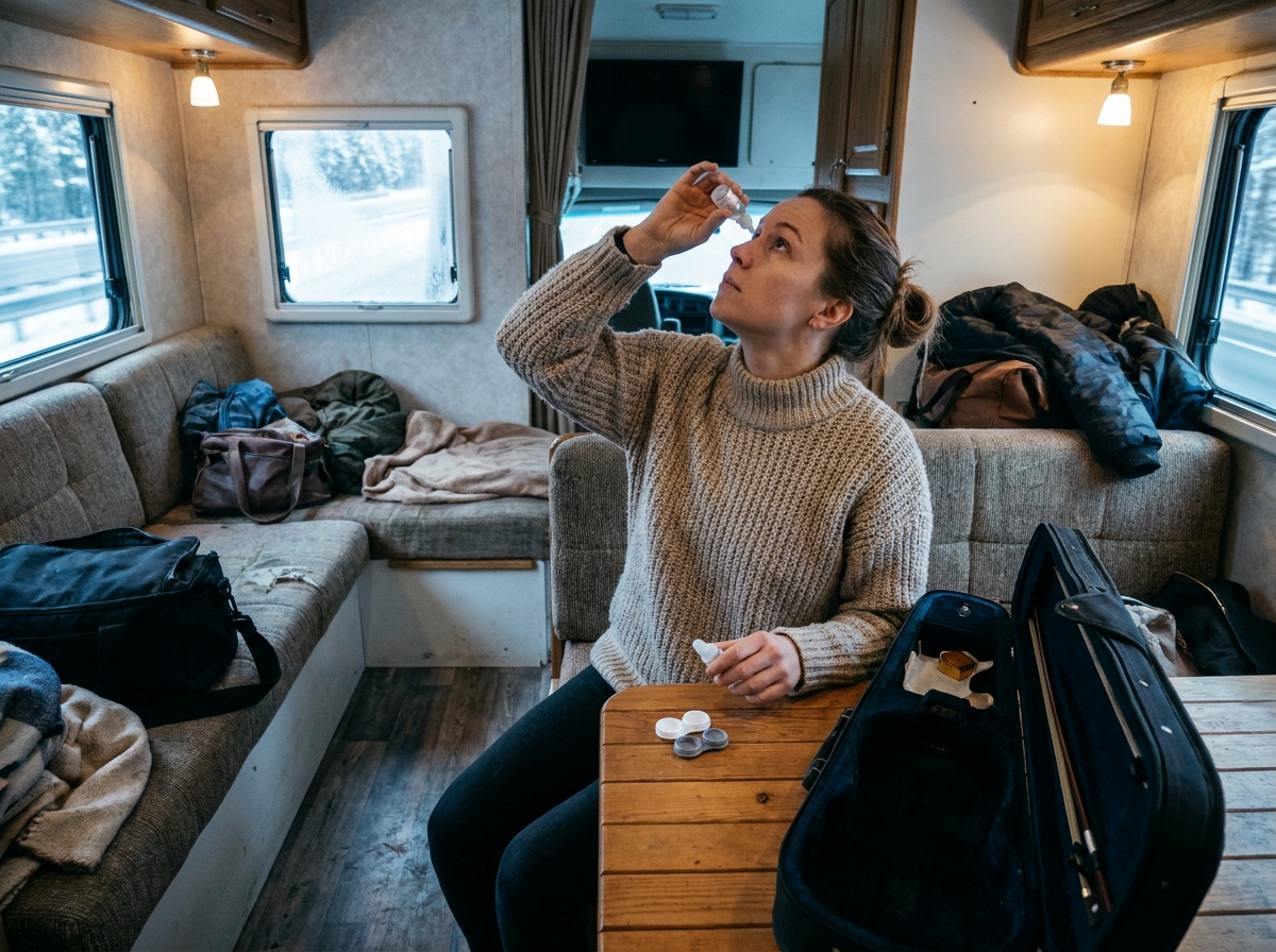 Musicienne en tournée d'hiver prenant soin de sa vision dans un bus de tournée avec un étui à violon ouvert devant elle