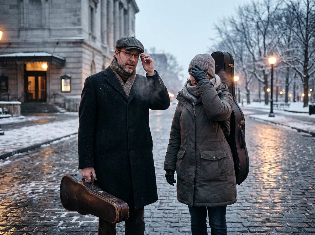Deux musiciens en tournée d'hiver devant une salle de concert, l'un ajustant ses lunettes de vue par temps froid dans un décor urbain enneigé